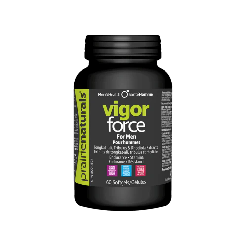 Black supplement bottle labeled 'Vigor Force' on a white background Sold by Natural Vitamin Direct Inc Shop Canadian