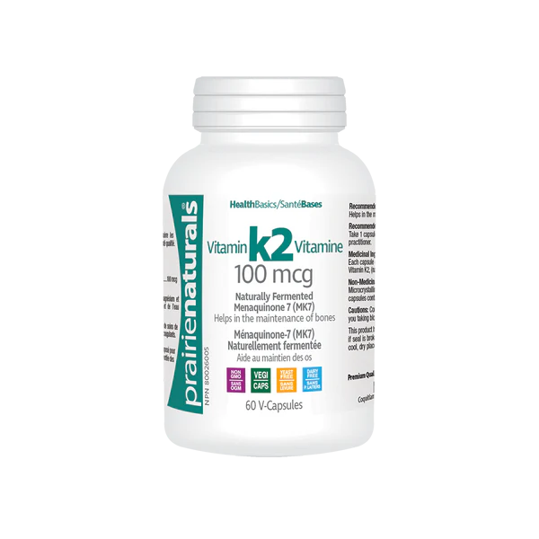 Bottle of Prairie Naturals Vitamin K2 100mcg 60 v capsule sold online at natvd.com