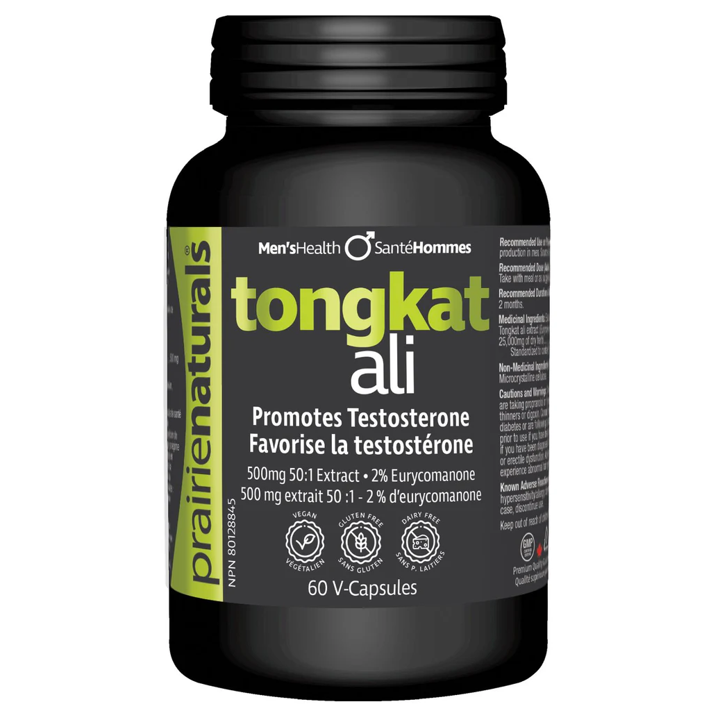 Black bottle of Praire Naturals tongkat ali supplement with green and white label on a white background Natural Vitamin Direct Shop Canadian natvd.com