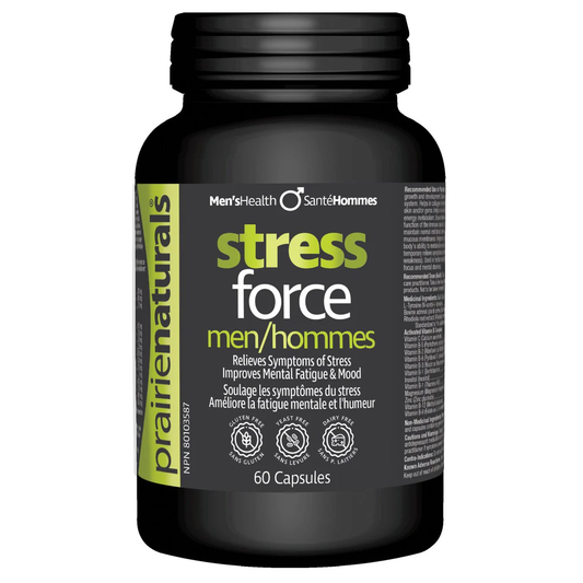Black bottle of Prairie Naturals stress force supplement for men on a white background Natural Vitamin Direct Inc natvd.com