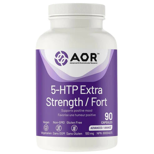 A white plastic bottle of AOR 5-HTP Extra Strength / Fort dietary supplement with a purple label, containing 90 capsules.