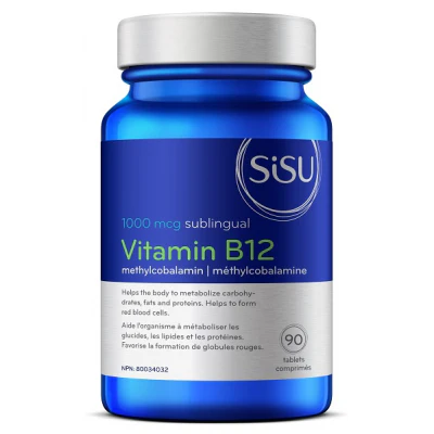 Blue supplement bottle labeled 'Sisu Vitamin B12' on a white background natvd.com natural vitamin direct