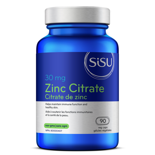 Blue supplement bottle labeled 'Zinc Citrate' with SISU branding on a white background