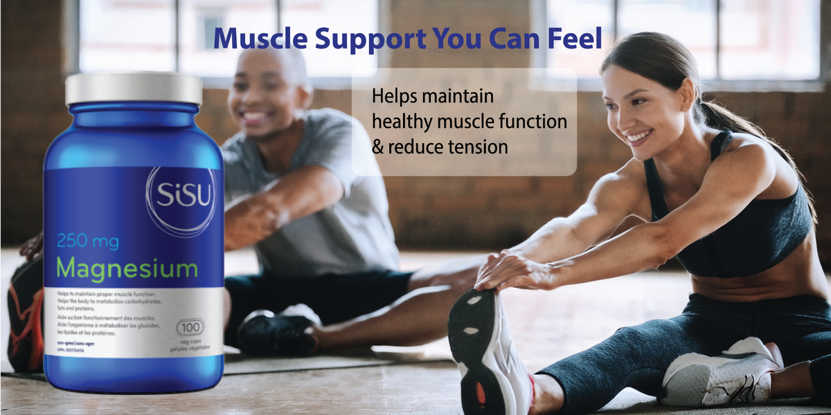 A blue bottle of Sisu Magnesium supplements is shown in the foreground next to a lifestyle scene of a woman and a man stretching in an indoor gym setting. Text overlays read 'Muscle Support You Can Feel' and 'Helps maintain healthy muscle function & reduce tension'.