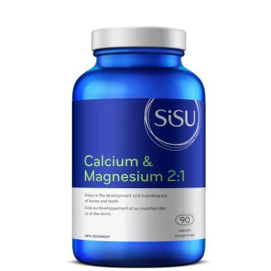 Blue supplement bottle labeled 'SISU Calcium & Magnesium 2:1' on a white background