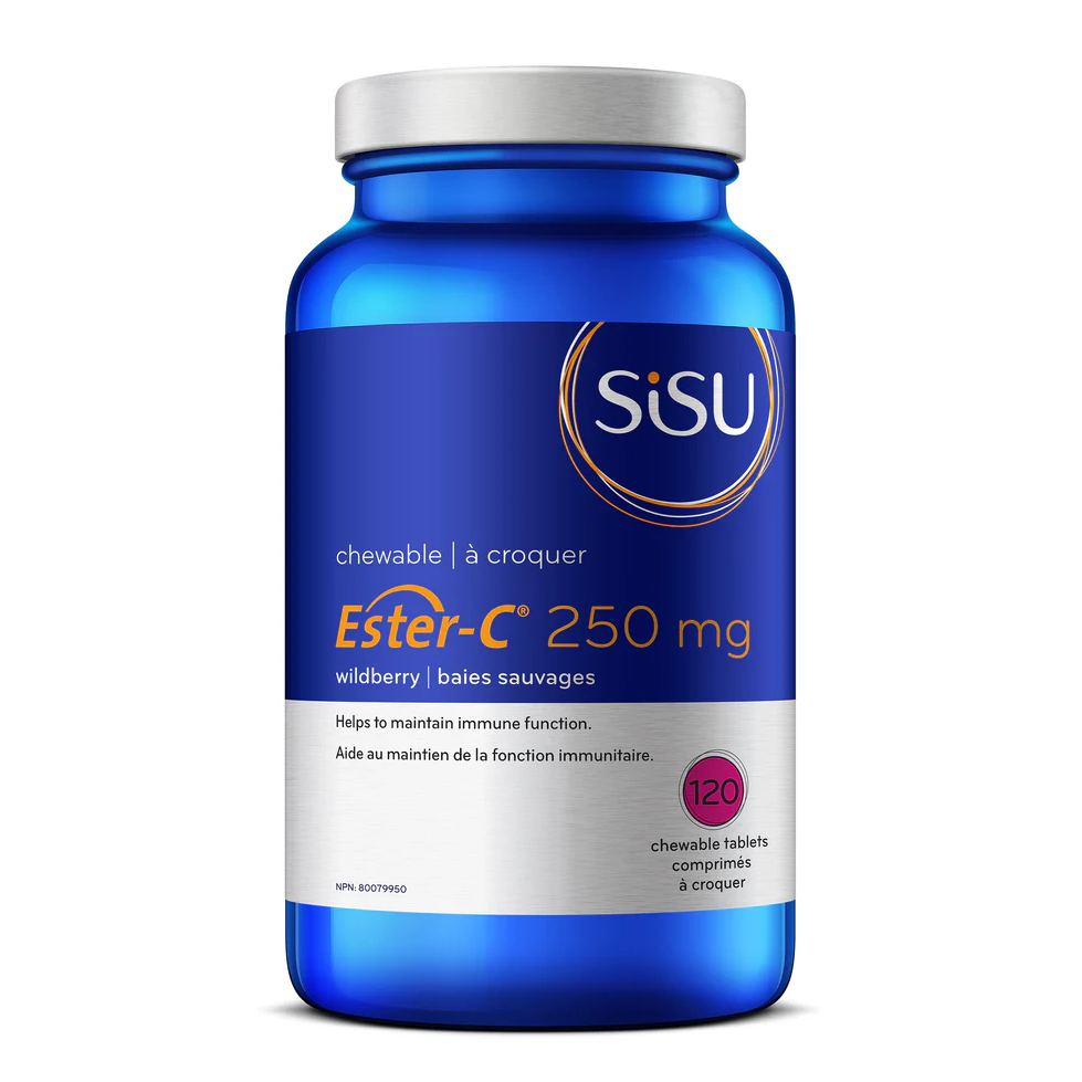 Blue supplement bottle labeled 'SISU Ester-C 250 mg' on a white background sold by natvd.com