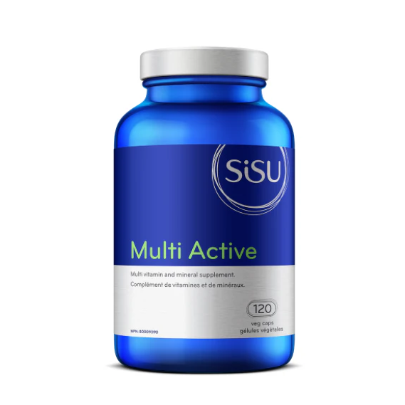 Blue supplement bottle labeled 'SISU Multi Active' on a white background natural vitamin direct canada