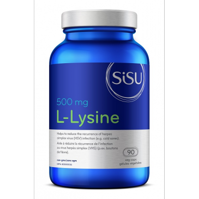 Blue supplement bottle labeled 'SISU L-Lysine' on a white background