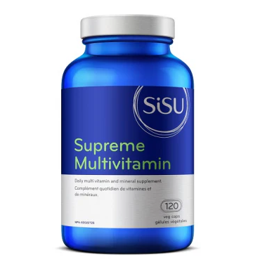 Blue bottle of Sisu Supreme Multivitamin on a white background