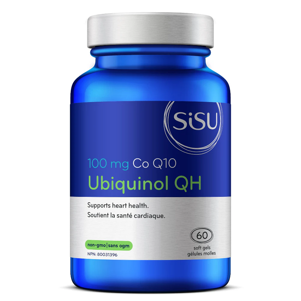 Blue supplement bottle labeled 'SISU Ubiquinol QH' on a white background
