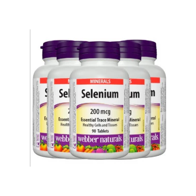 Multiple bottles of Webber Naturals Selenium supplements on a white background
