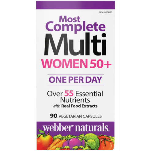 Webber Naturals Most Complete Multi Women 50+ supplement package on a white background natvd.com Natural Vitamin Direct Inc