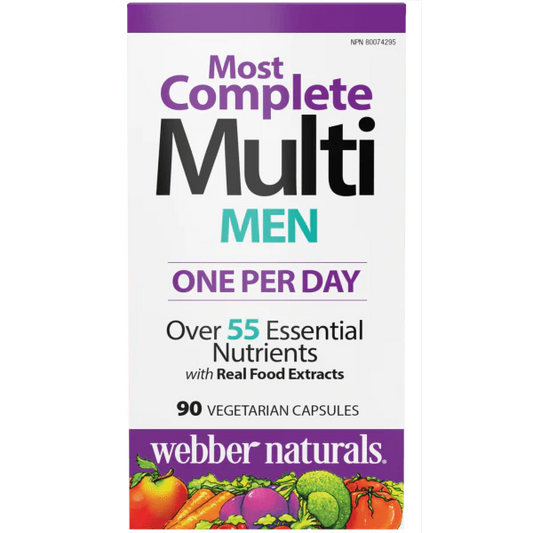 Webber Naturals Most Complete Multi Men supplement package on a white background natural vitamin direct inc natvd.com