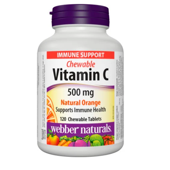 Vitamin C chewable 500 mg supplement bottle with Webber Naturals branding on a white background sold by natvd.com Natural Vitamin Direct Inc Canada