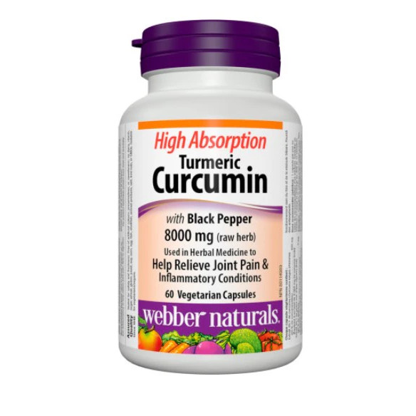 Bottle of Webber Naturals High Absorption Turmeric Curcumin supplement on a white background