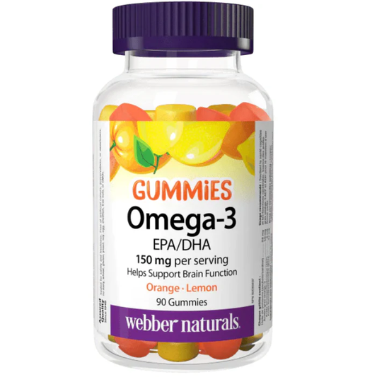 Bottle of Webber Naturals Omega-3 gummies with colorful gummy bears on a white background