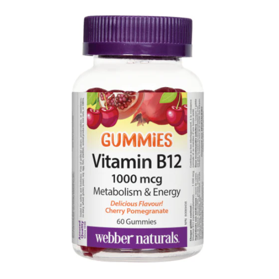 Bottle of Webber Naturals Vitamin B12 gummies on a white background sold online by natvd.com