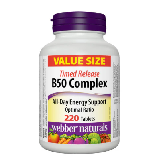 Bottle of Webber Naturals B50 Complex supplement on a white background available on natvd.com natural vitamin direct inc Canada