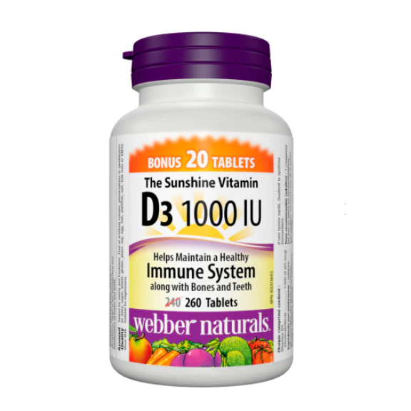 Webber Naturals Vitamin D3 1000 IU supplement bottle on a white background natvd.com Canada