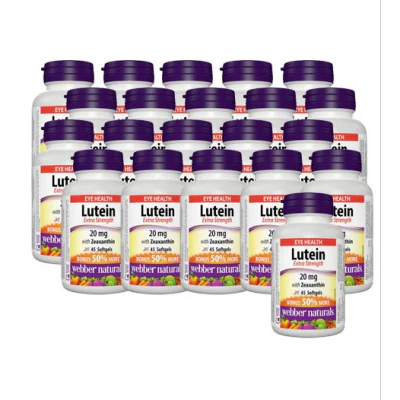 Multiple bottles of Webber Lutein supplements on a white background
