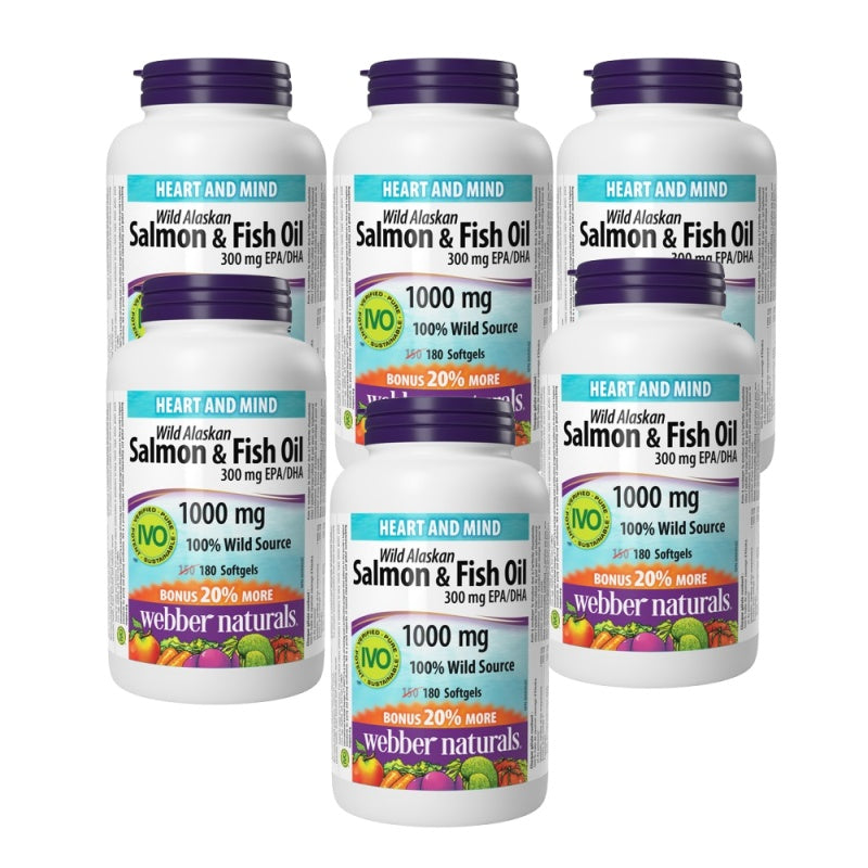 [優惠組合] 6瓶x【加量裝】 Webber Naturals Omega-3 野生三文魚;混合魚油，1000毫克, 180粒