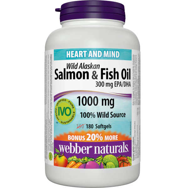  【加量裝】 Webber Naturals Omega-3 野生三文魚;混合魚油，1000毫克, 180粒