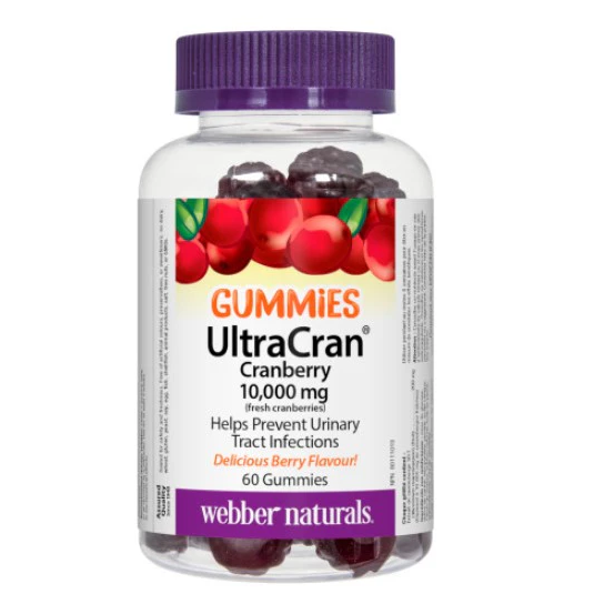 Bottle of UltraCran cranberry gummies with a purple cap on a white background
