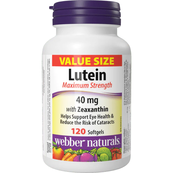 Bottle of Webber Naturals Lutein Maximum Strength supplement on a white background