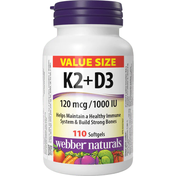 Webber Naturals K2+D3 supplement bottle on a white background Natural Vitamin Direct Inc Canada