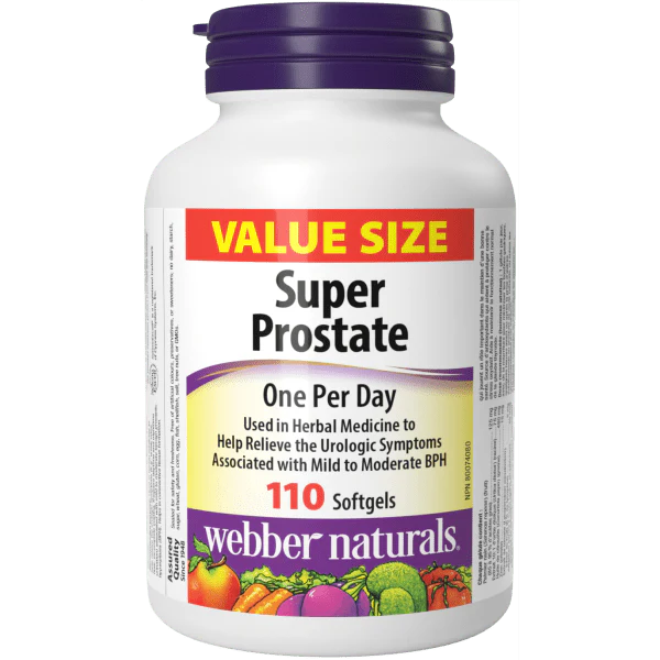 Supplement bottle labeled 'Super Prostate' by Webber Naturals on a white background