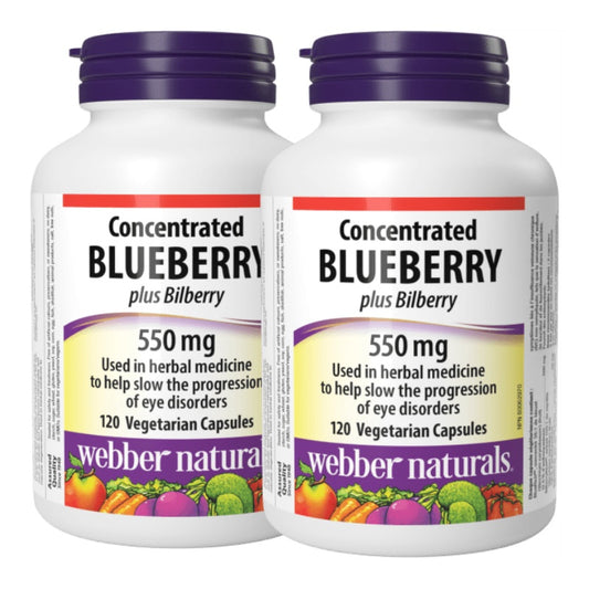 2x Webber Naturals Concentrated Blueberry Plus with Bilberry 500 mg/50 mg， 120 Vegetarian Capsules Bundle