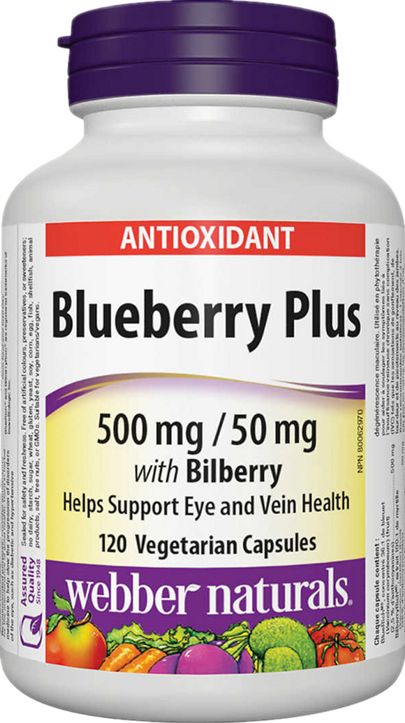 【clearance】 Webber Naturals Blueberry Plus 500mg/50mg with Bilberry 120 v-caps EXP:06/2027