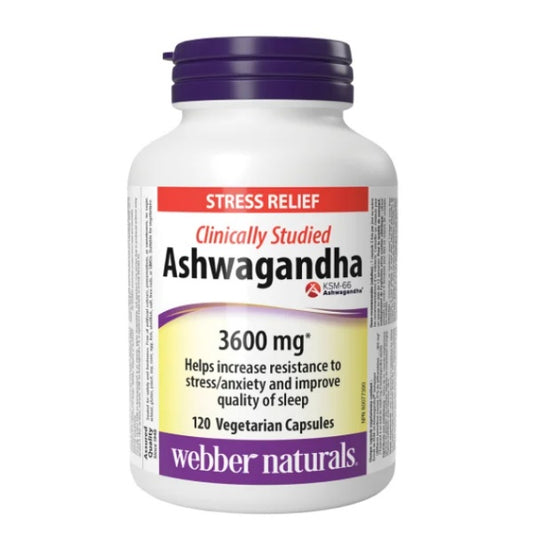 Webber Naturals Ashwagandha supplement bottle on a white  background 120 vegetarian capsules Canadian label