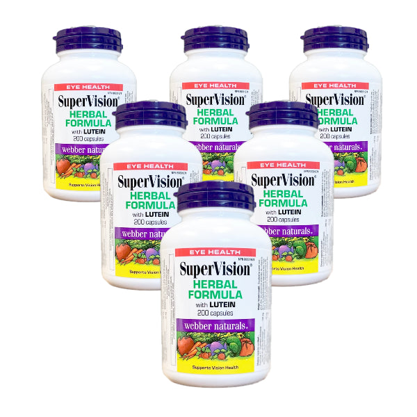 A bundle of six bottles of Webber Naturals SuperVision Herbal Formula with Lutein, each bottle contains 200 capsules for a total of 1200 capsules. The bottles are white with a blue and green label featuring images of fruits and text detailing the product's benefits for eye health.