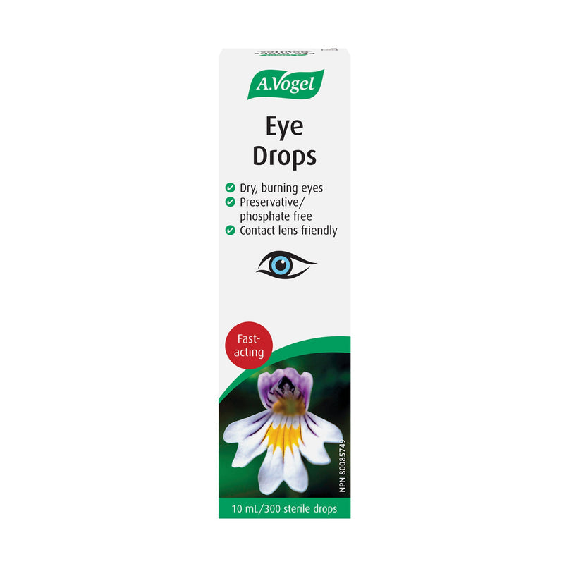 A.Vogel Eye Drops in a white rectangular box with green and red accents, featuring a flower illustration and a blue eye graphic on a white background. natvd