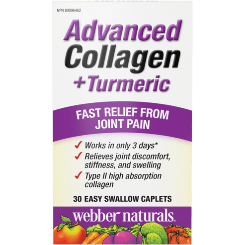 Packaging for Webber Naturals Advanced Collagen + Turmeric, featuring 30 easy swallow caplets for joint pain relief.