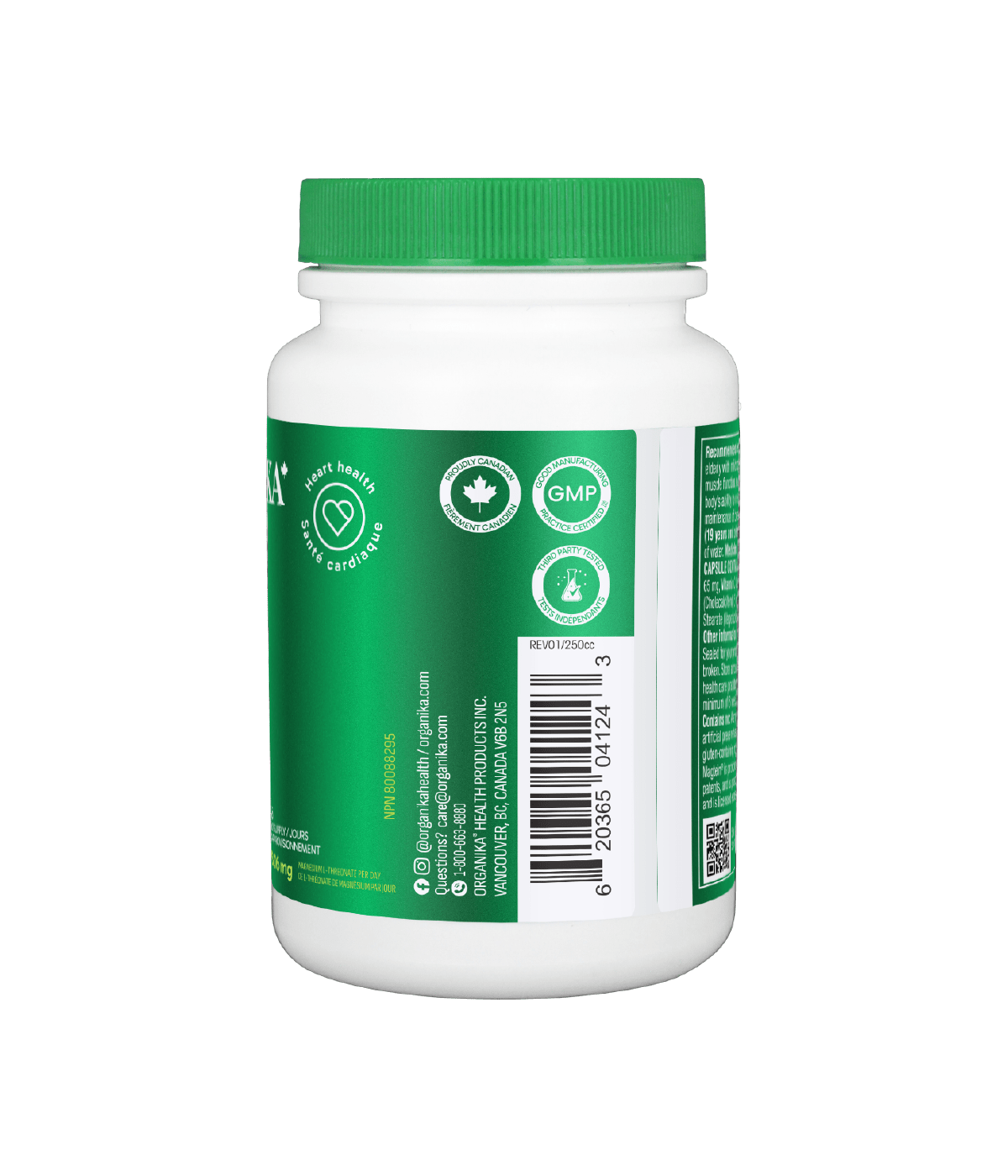 Organika Magnesium Magtein 90 Vcaps Canadian label side panel