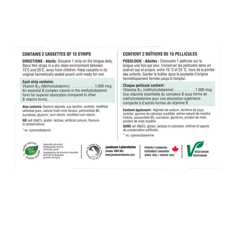 Jamieson Vitamin B12 (Methylcobalamin) 1000mcg, 30 Dissolving Strips Canada ingredient information panel