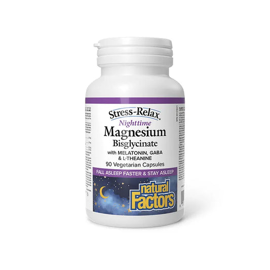 Bottle of Natural Factors Stress-Relax Nighttime Magnesium Bisglycinate supplement on a white background