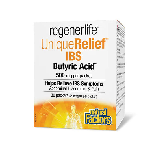 Regenerlife UniqueRelief IBS Butyric Acid supplement box on a white background