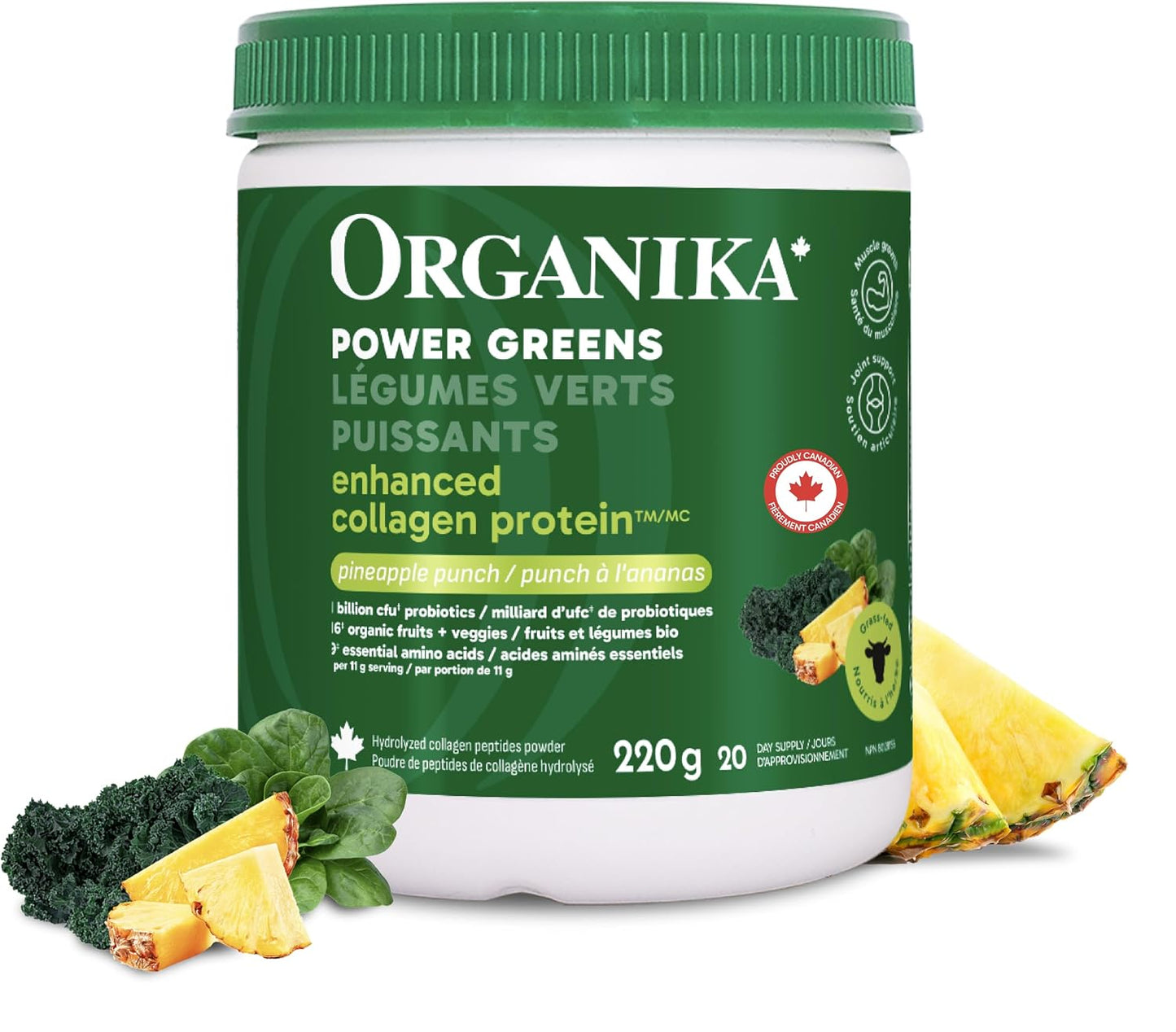 Organika Power Greens 220 g bottle on white background Canadian Label