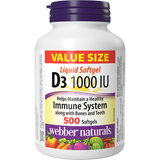 A bottle of Webber Naturals Vitamin D3 1000 IU liquid softgels. The label indicates that there are 500 softgels in the bottle, with a value size indication, and that the product helps maintain immune system health along with bones and teeth.