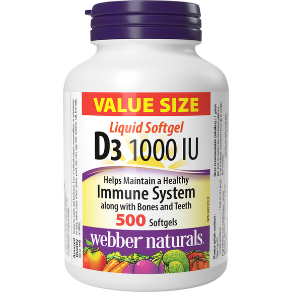 Webber Naturals Vitamin D3 1000 IU, 500 liquid Softgels