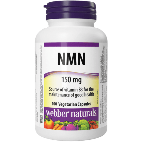 A bottle of Webber Naturals NMN 150 mg containing 100 vegetarian capsules, labeled as a source of vitamin B3 for the maintenance of good health.