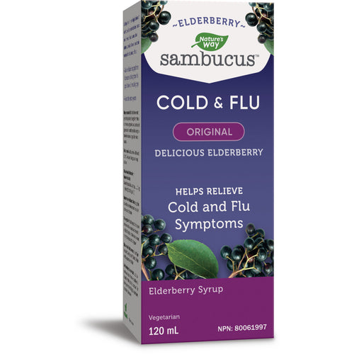 Nature's Way Original Sambucus Cold and Flu Care syrup packaging, featuring the product name, a image of elderberries, and descriptive text.