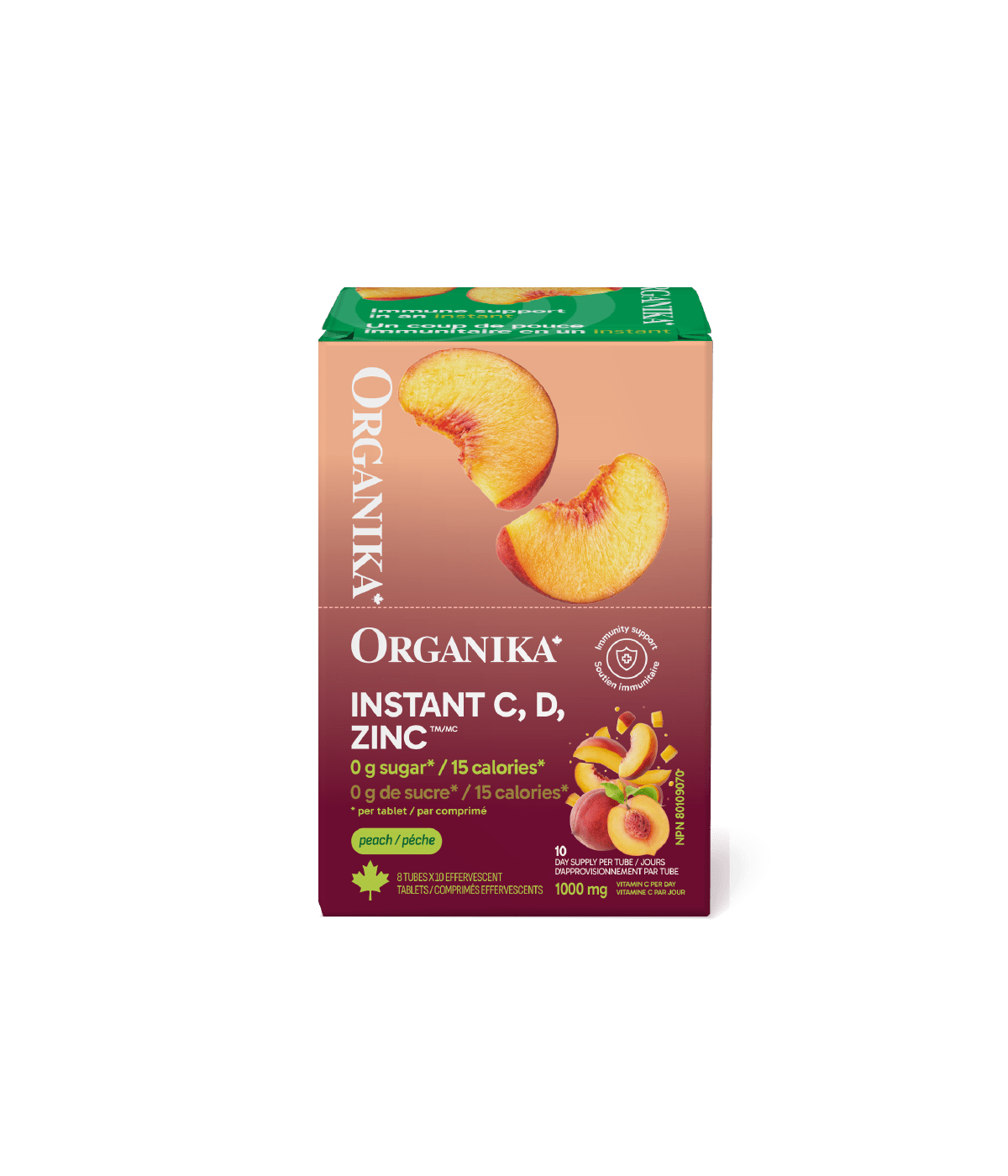 Organika Instant C, D, Zinc Immunity Effervescent - Peach 10 tabs x 8 tubes