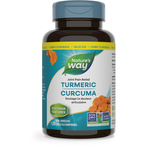 A bottle of Nature's Way Turmeric Standardized extract, with 120 tabs, in a blue and green label design.