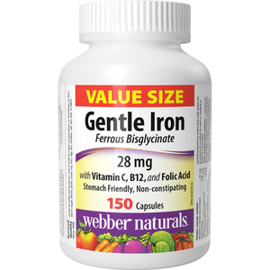 Webber Naturals Gentle Iron with Vitamin C, B12, and Folic Acid (Value Size), 150 Capsules