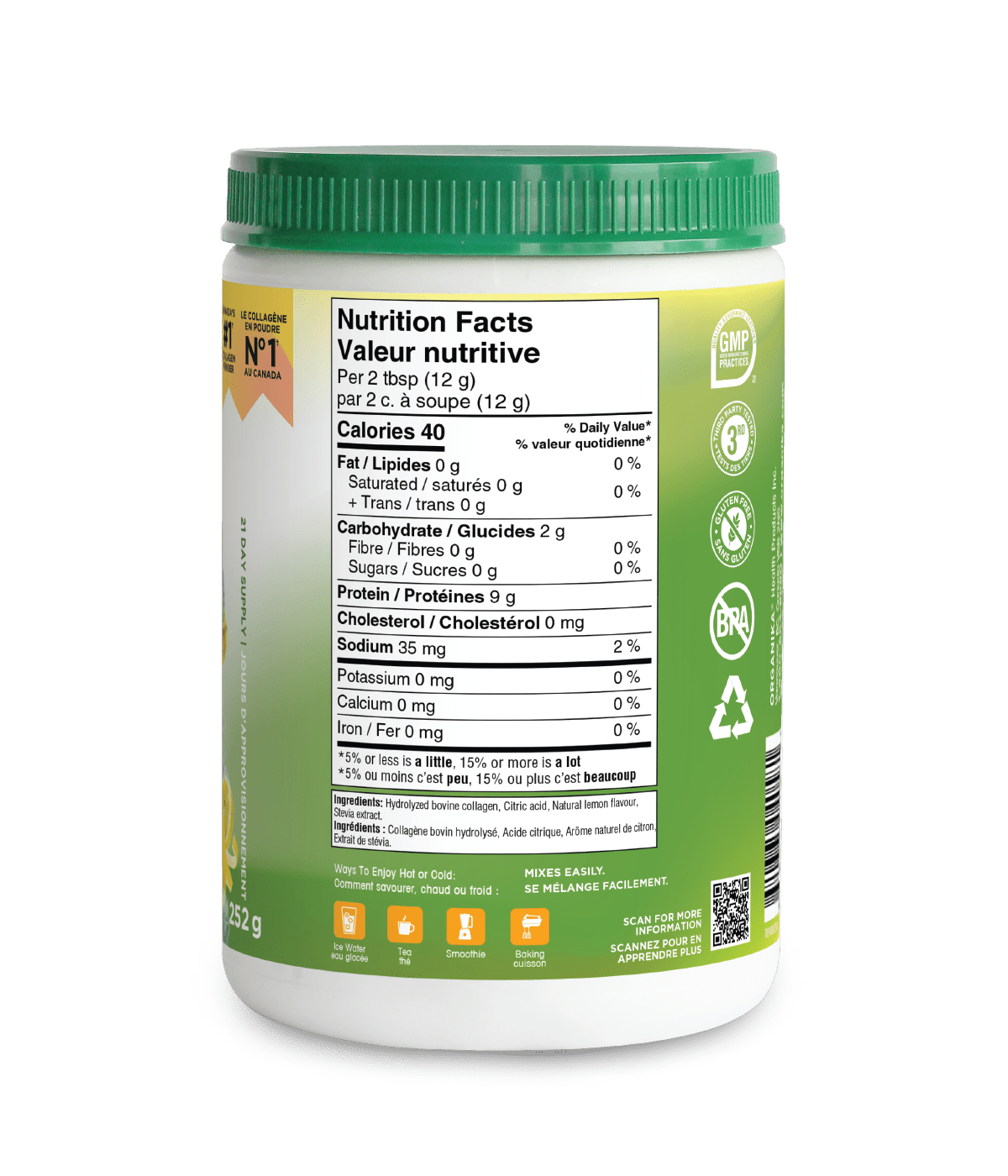 Organika Lemon Enhanced Collagen 250g Canadian label version sold on natvd.com Canada Nutrition facts