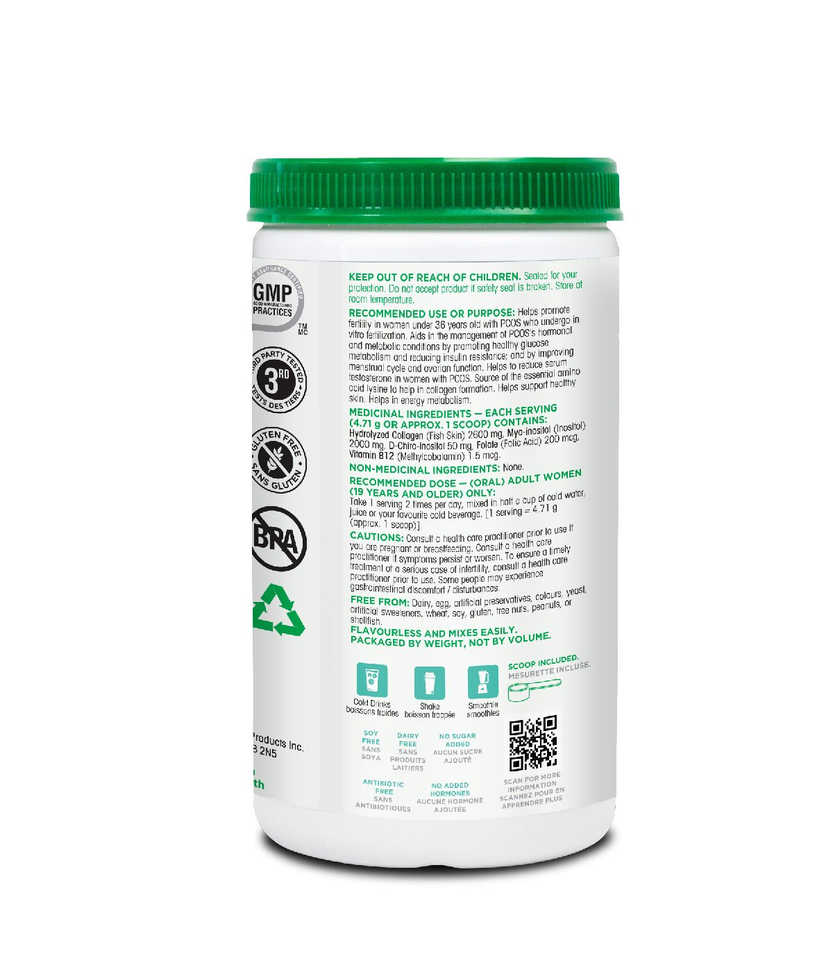Organika PCOS Relief supplement container on a white background 283 g Canadian label version sold on natvd.com detailed instructions